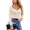 CUPSHE Women’s Sweetheart Neckline Top Color Block Long Sleeve T Shirts Ribbed Knit Tee Tops(Beige)