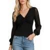 CUPSHE Womens Top Eyelet Lace V Neck Long Floral Sleeve Blouse Casual Hollow Out Loose Trendy Dressy(2-black)