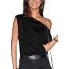 CUPSHE Women’s Tops Asymmetrical Off-Shoulder Shirt Sleeveless Ruching Satin Blouses Elegant Trendy Dressy(1-black)