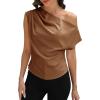 CUPSHE Women’s Tops Asymmetrical Off-Shoulder Shirt Sleeveless Ruching Satin Blouses Elegant Trendy Dressy(1-brown)