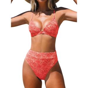 CUPSHE Bikini Set for Women Bathing Suit High Waisted Scalloped V Neck Two Pieces Swimsuit(Coral Pink)
