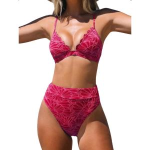 CUPSHE Bikini Set for Women Bathing Suit High Waisted Scalloped V Neck Two Pieces Swimsuit(Fuchsia Red)