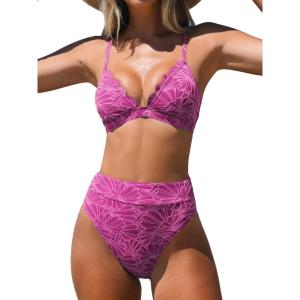 CUPSHE Bikini Set for Women Bathing Suit High Waisted Scalloped V Neck Two Pieces Swimsuit(Red)