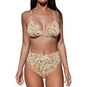 CUPSHE Bikini Set for Women Bathing Suit High Waisted Scalloped V Neck Two Pieces Swimsuit(Yellow/Floral)