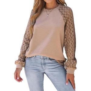 CUPSHE Blouse for Women Long Sleeve Lace Crewneck Shirts Fall Cute Solid Color Business Tunic Clothes(Apricot)