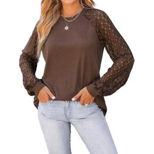 CUPSHE Blouse for Women Long Sleeve Lace Crewneck Shirts Fall Cute Solid Color Business Tunic Clothes(Coffee)