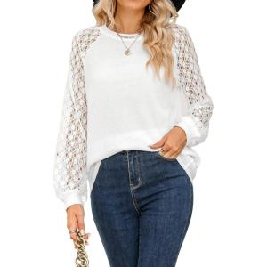 CUPSHE Blouse for Women Long Sleeve Lace Crewneck Shirts Fall Cute Solid Color Business Tunic Clothes(White)