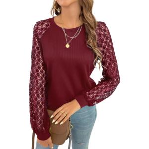 CUPSHE Blouse for Women Long Sleeve Lace Crewneck Shirts Fall Cute Solid Color Business Tunic Clothes(Wine Red)