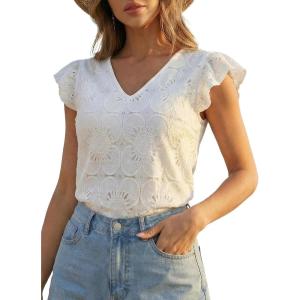 CUPSHE Blouses for Women 2026 Dressy Casual Ruffle Short Sleeve V Neck Shirts Flower Lace Tops Trendy Spring Summer Outfits(White)