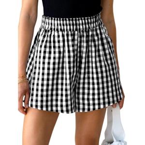 CUPSHE Boxer Shorts for Women Causal Gingham High Waisted Wide Leg Short Summer Vacation Outfits Beach Bottoms(Black)