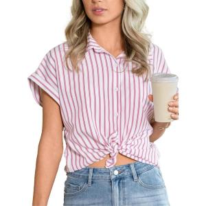 CUPSHE Cap Sleeve Summer Tops for Women Casual Button Down Shirts Striped Business Work Blouses(Red)