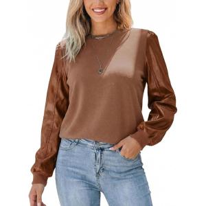 CUPSHE Faux Leather Tops for Women Long Sleeve Mock Neck Blouse Fall Fashion 2025(Brown)