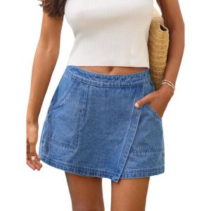 CUPSHE Jean Skorts for Woman High Waisted Denim Wrap Skirt with Shorts Trendy Mini Skort with Pocket(Blue)