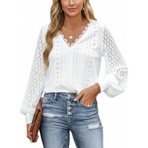 CUPSHE Long Sleeve Tops for Women Eyelet Scalloped Lace V Neck Blouse Casual Loose Fashion Shirts(A White)