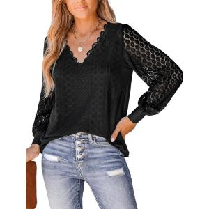CUPSHE Long Sleeve Tops for Women Eyelet Scalloped Lace V Neck Blouse Casual Loose Fashion Shirts(Black)