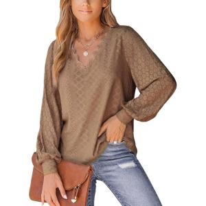 CUPSHE Long Sleeve Tops for Women Eyelet Scalloped Lace V Neck Blouse Casual Loose Fashion Shirts(Brown)