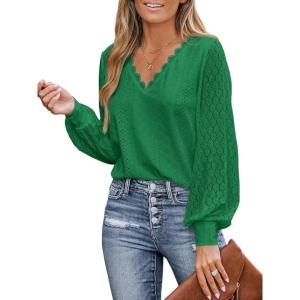 CUPSHE Long Sleeve Tops for Women Eyelet Scalloped Lace V Neck Blouse Casual Loose Fashion Shirts(Dark Green)