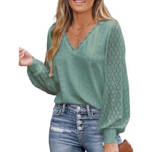 CUPSHE Long Sleeve Tops for Women Eyelet Scalloped Lace V Neck Blouse Casual Loose Fashion Shirts(Green)