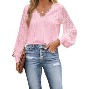 CUPSHE Long Sleeve Tops for Women Eyelet Scalloped Lace V Neck Blouse Casual Loose Fashion Shirts(Light Pink)