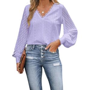 CUPSHE Long Sleeve Tops for Women Eyelet Scalloped Lace V Neck Blouse Casual Loose Fashion Shirts(Light Purple)