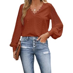 CUPSHE Long Sleeve Tops for Women Eyelet Scalloped Lace V Neck Blouse Casual Loose Fashion Shirts(Red)