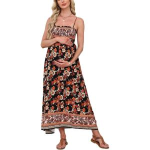 CUPSHE Maternity Maxi Dresses Floral Square Neck Smocked Baby Shower Ruffled Flowy Fashion Casual Summer Pregnancy Dress(Black Floral)