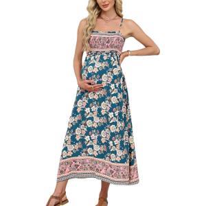 CUPSHE Maternity Maxi Dresses Floral Square Neck Smocked Baby Shower Ruffled Flowy Fashion Casual Summer Pregnancy Dress(Teal Floral)