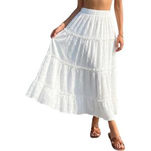 CUPSHE Maxi Skirts for Women 2026 Summer Casual Pleated High Waisted Flowy Long Skirt Beach Vacation(White)