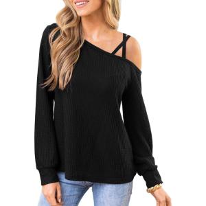 CUPSHE Off Shoulder Shirts for Women Long Sleeve Asymmetrical Tops Dressy Casual Blouses Vacation Outfits Clothes(Black)