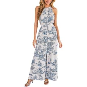 CUPSHE One Piece Jumpsuits for Women Summer Halter Neck Sleeveless Printed Wide Leg Long Pants Rompers Vacation Outfits(Blue)