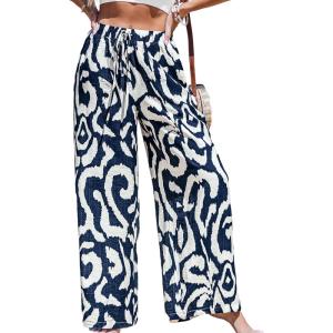 CUPSHE Palazzo Pants for Women Smocked Waist Boho Western Flowy Wide Leg Pant(Abstract Blue)