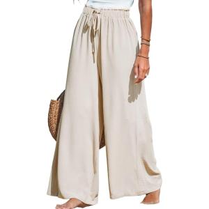 CUPSHE Palazzo Pants for Women Smocked Waist Boho Western Flowy Wide Leg Pant(Beige)