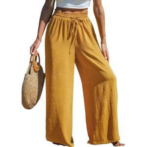 CUPSHE Palazzo Pants for Women Smocked Waist Boho Western Flowy Wide Leg Pant(Yellow Mustard)