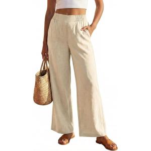 CUPSHE Palazzo Pants for Women with Pockets Casual Smocked Waist Wide Leg Pants Summer Loose Beach Vacation Pant(Beige)