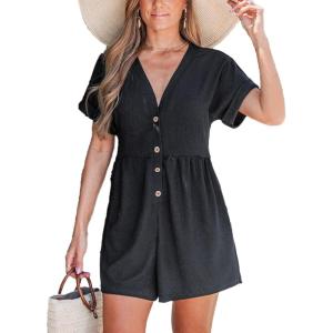 CUPSHE Rompers for Women Summer V Neck Button Front Short Sleeve Casual One Piece Jumpsuits Dressy Overalls Vacation Outfits(Black)