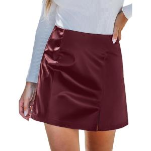 CUPSHE Skirts Women Faux Leather Mini Skirt Slit High Waist Bodycon Skort Wrap Notched Hem Casual Vacation(Wine Red)