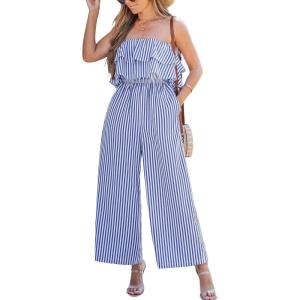 CUPSHE Striped Sleeveless Jumpsuits for Women Summer Off Shoulder Ruffle Hem Rompers Wide Leg One Piece Outfits Overalls(Blue)