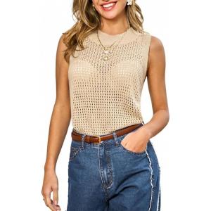 CUPSHE Summer Crochet Tank Tops for Women 2026 Casual Crewneck Hollow Out Loose Knit Sleeveless Vest Top Trendy(Khaki)