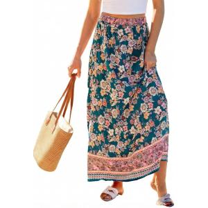 CUPSHE Summer Maxi Skirt for Women 2026 Boho Floral Beach Long Skirt Flowy Casual Vacation(Navy Blue)