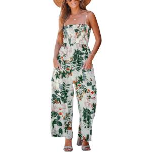 CUPSHE Summer Women Slip Ruching Smocked Jumpsuit Pants Square Neck Speghetti Straps Loose Waisted Maxi(Green Floral)
