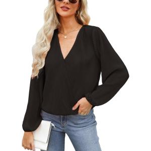 CUPSHE V Neck Wrap Velvet Tops Dressy Causal Long Sleeve Business Work Blouses Loose Fit Shirts Vacation Outfits(Black)