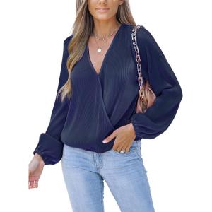 CUPSHE V Neck Wrap Velvet Tops Dressy Causal Long Sleeve Business Work Blouses Loose Fit Shirts Vacation Outfits(Dark Blue)