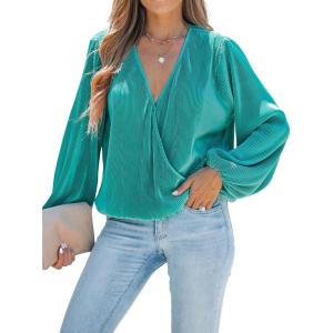 CUPSHE V Neck Wrap Velvet Tops Dressy Causal Long Sleeve Business Work Blouses Loose Fit Shirts Vacation Outfits(Green)