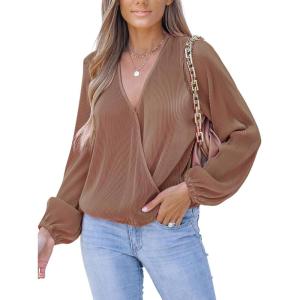 CUPSHE V Neck Wrap Velvet Tops Dressy Causal Long Sleeve Business Work Blouses Loose Fit Shirts Vacation Outfits(Light Brown)