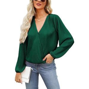 CUPSHE V Neck Wrap Velvet Tops Dressy Causal Long Sleeve Business Work Blouses Loose Fit Shirts Vacation Outfits(Malachite Green)