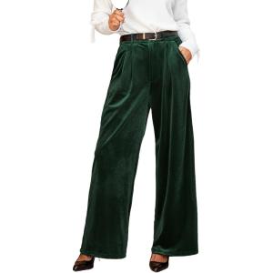 CUPSHE Velvet Pants for Women Wide Leg Dressy Velour Palazzo Work Pants with Pockets(Green)