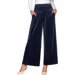 CUPSHE Velvet Pants for Women Wide Leg Dressy Velour Palazzo Work Pants with Pockets(Navy)