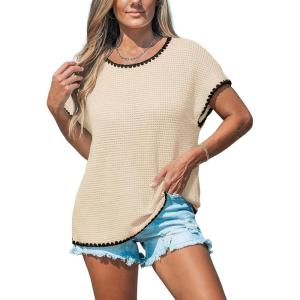 CUPSHE Women Cap Sleeve Knit Cover Up Beach Waffle Tops Crew Neck Summer Oversized Trendy Short Sleeve T Shirts(Khaki)