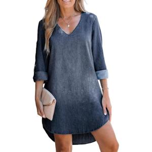 CUPSHE Women Fall Denim Shirt Dresses Cotton Long Sleeve V Neck Distressed Roll Tab Jean Mini Dress(Dark Blue)