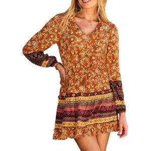 CUPSHE Women Fall Dresses Boho Floral Drawstring V Neck Ruffle Hem Sundress Long Sleeve Smocked Mini Dress(Orange)